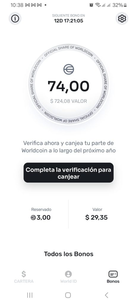 Captura de pantalla mostrando el bono en WorldCoin